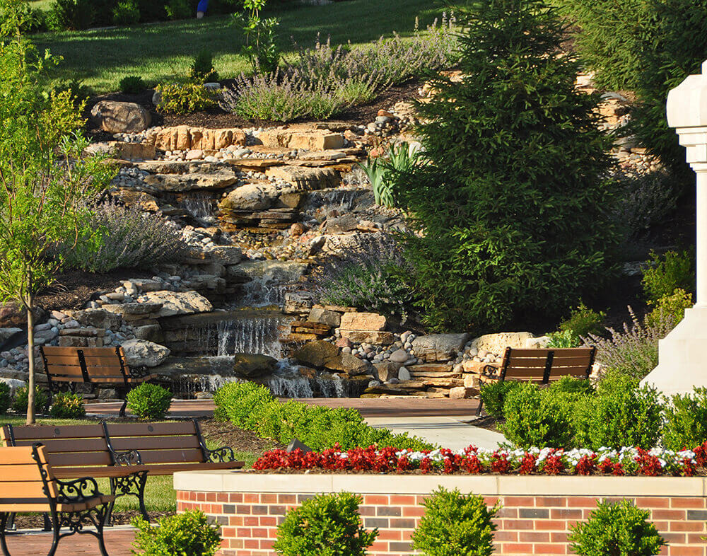 Landscape design and fountain, completed by Embassy Landscape Group.