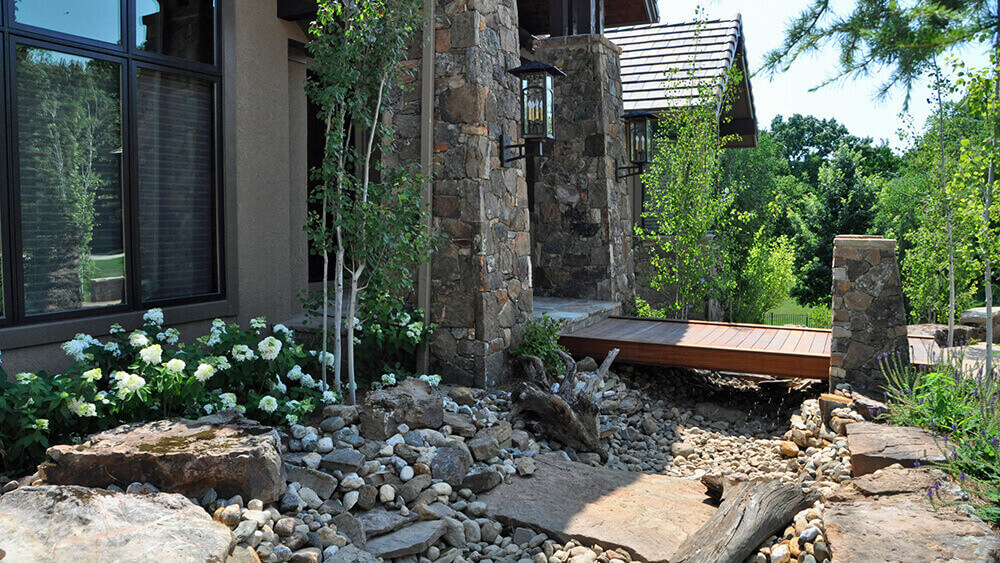 Residential landscape design and dry creek bed.