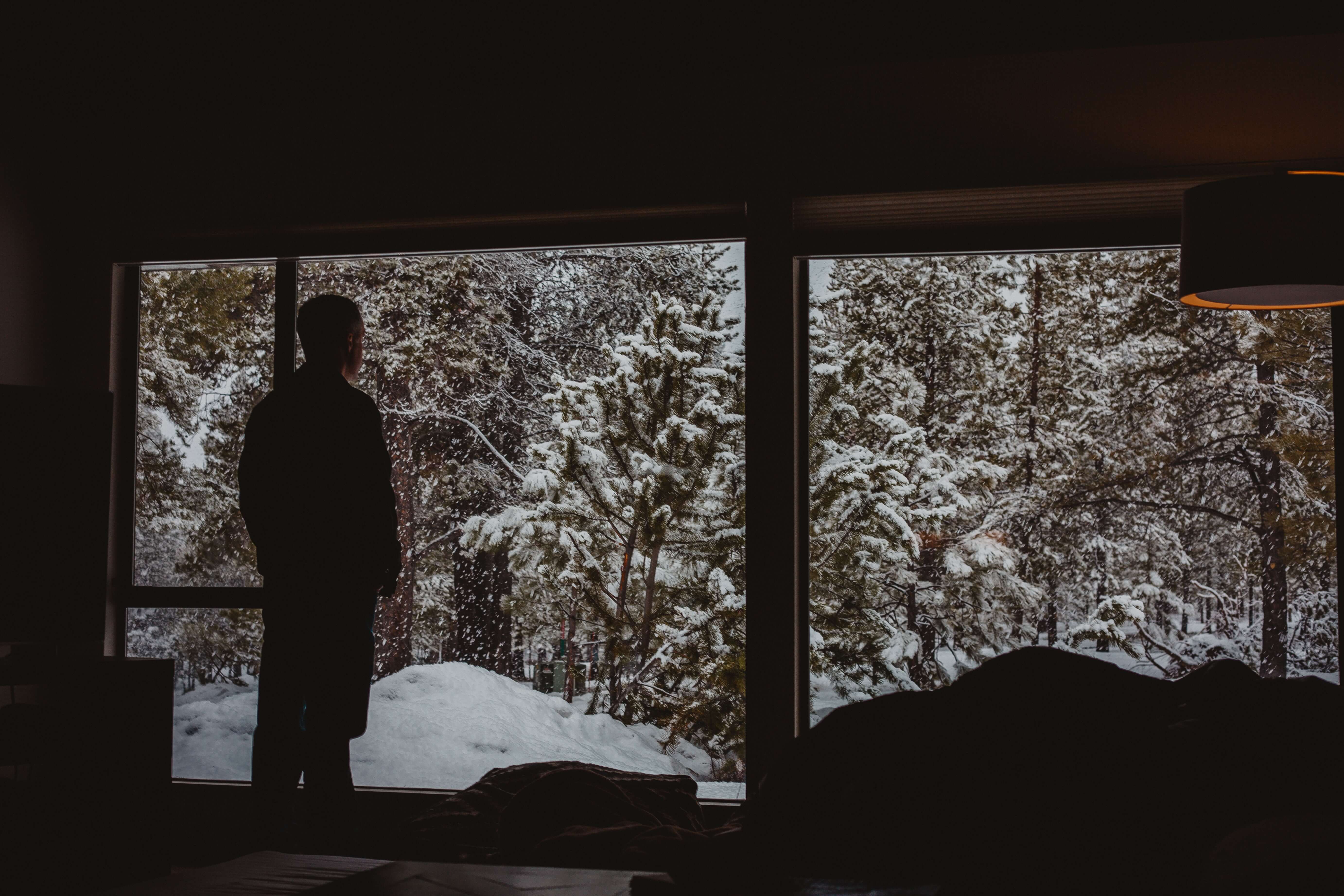 person looking out window in winter